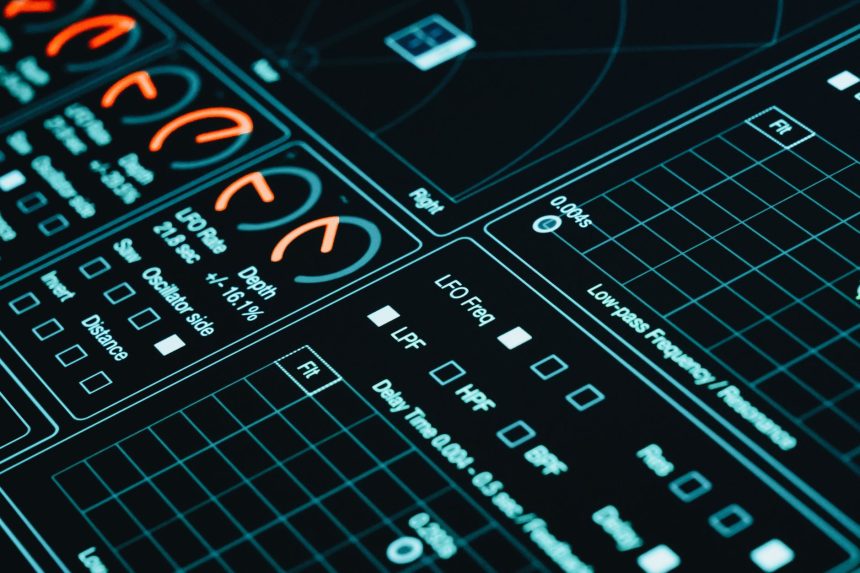 Close de uma interface digital com gráficos e elementos de análise de dados em ambiente escuro.