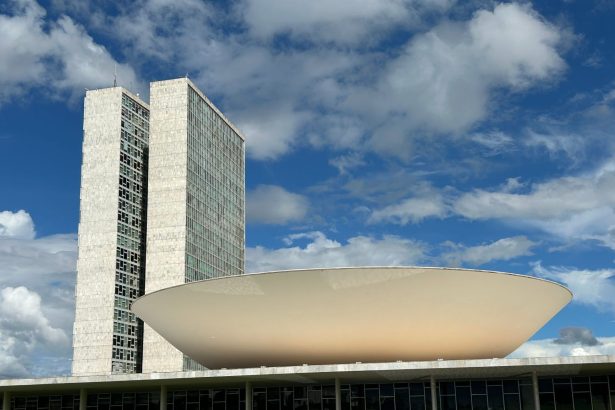 Edifício do Congresso Nacional em Brasília sob céu claro.